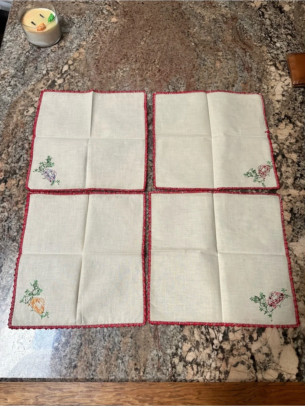 Embroidered Cactus Napkin Set with Red Crochet Edge